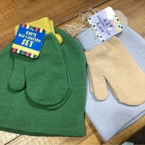 Lot of 2 NWT child’s knit gray peach animal mittens & hat set + green animal set
